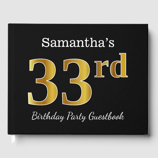 Black, Faux Gold 33rd Birthday Party + Custom Name Guest Book (Front)