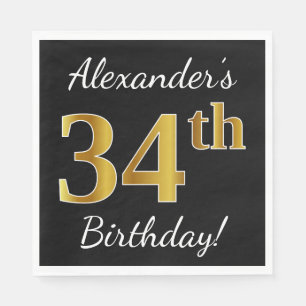 Black, Faux Gold 34th Birthday + Custom Name Napkins
