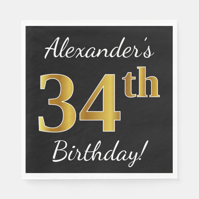 Black, Faux Gold 34th Birthday + Custom Name Napkins (Front)