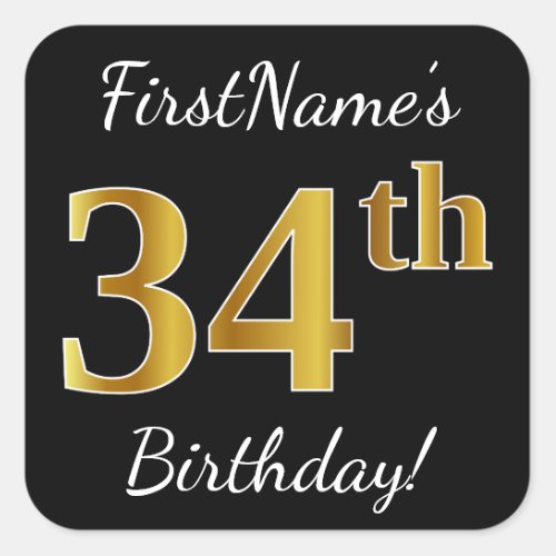 Black Faux Gold 34th Birthday  Custom Name Square Sticker