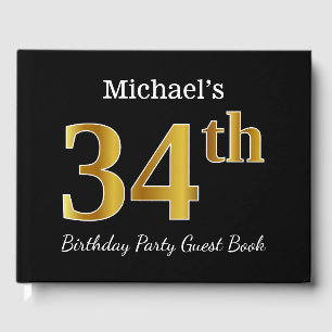 Black, Faux Gold 34th Birthday Party + Custom Name Guest Book
