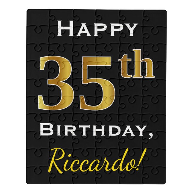 Black, Faux Gold 35th Birthday + Custom Name Jigsaw Puzzle (Puzzle Vertical)