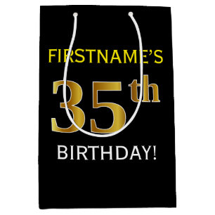 Black, Faux Gold 35th Birthday + Custom Name Medium Gift Bag