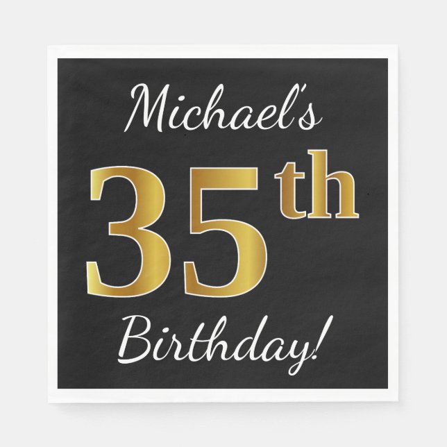 Black, Faux Gold 35th Birthday + Custom Name Napkins (Front)