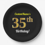 [ Thumbnail: Black, Faux Gold 35th Birthday + Custom Name Paper Plates ]