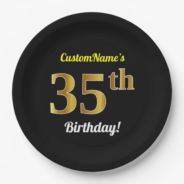 Black, Faux Gold 35th Birthday + Custom Name Paper Plates (Front)