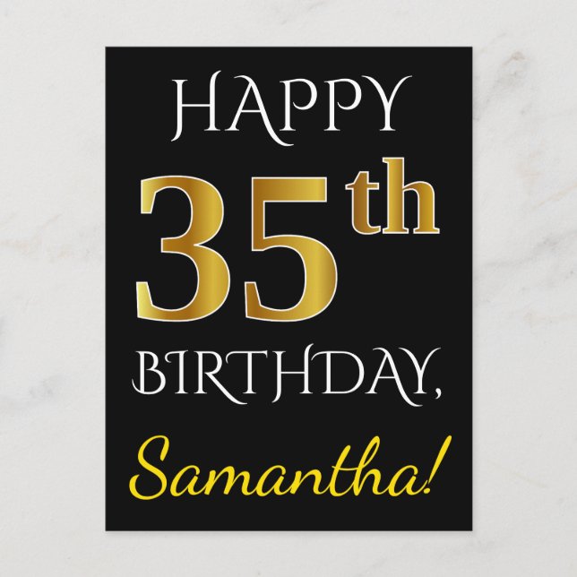 Black, Faux Gold 35th Birthday + Custom Name Postcard (Front)