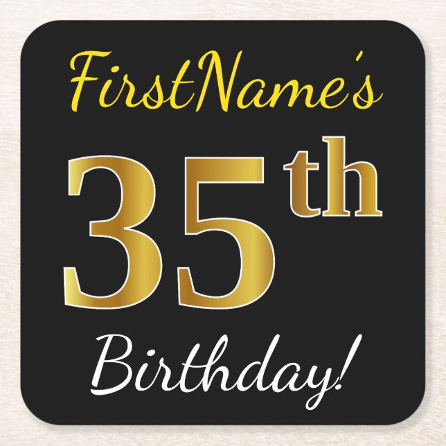 Black, Faux Gold 35th Birthday + Custom Name Square Paper Coaster (Front)