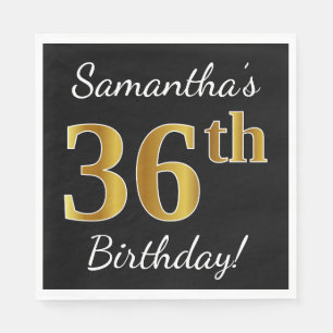 Black, Faux Gold 36th Birthday + Custom Name Napkins