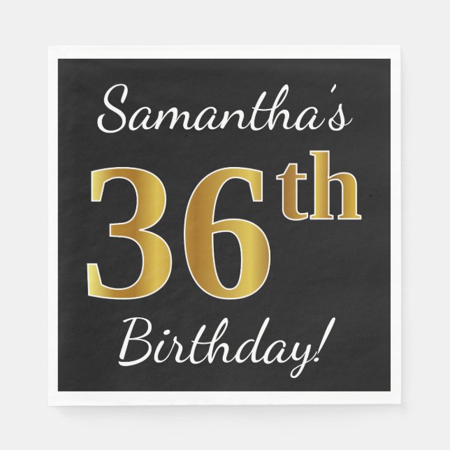 Black, Faux Gold 36th Birthday + Custom Name Napkins (Front)
