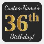 [ Thumbnail: Black, Faux Gold 36th Birthday + Custom Name Sticker ]