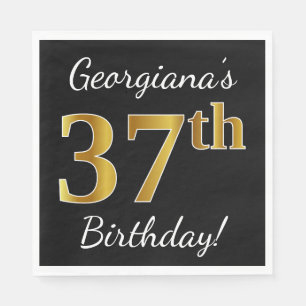 Black, Faux Gold 37th Birthday + Custom Name Napkins