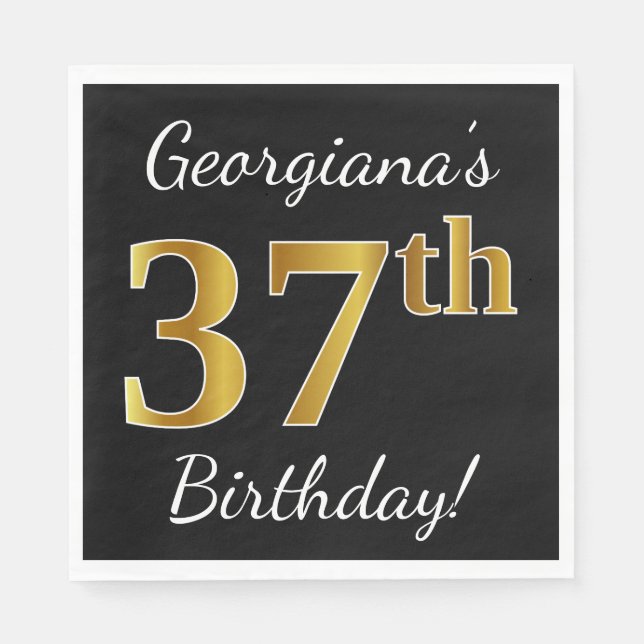 Black, Faux Gold 37th Birthday + Custom Name Napkins (Front)