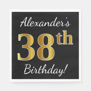 Black, Faux Gold 38th Birthday + Custom Name Napkins