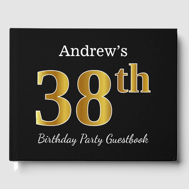 Black, Faux Gold 38th Birthday Party + Custom Name Guest Book (Front)