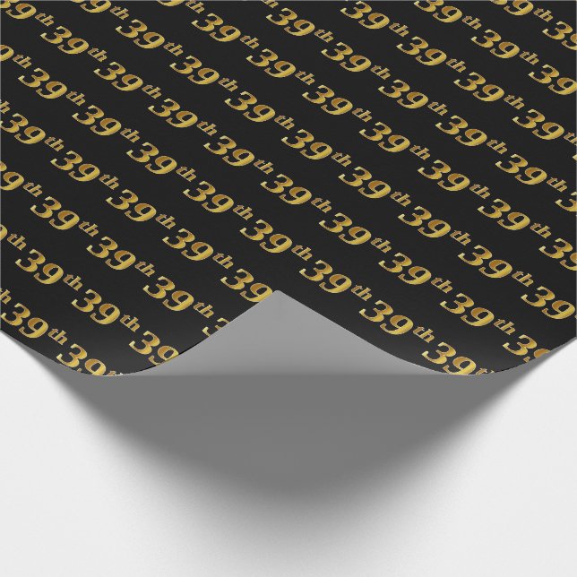 Black, Faux Gold 39th (Thirty-Ninth) Event Wrapping Paper (Corner)