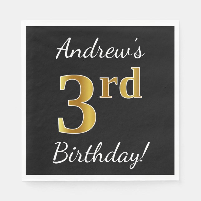 Black, Faux Gold 3rd Birthday + Custom Name Paper Napkins (Front)