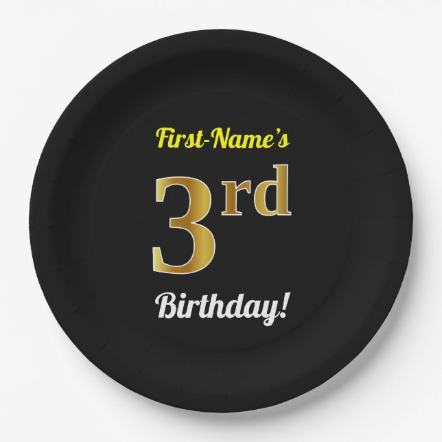 Black, Faux Gold 3rd Birthday + Custom Name Paper Plates (Front)