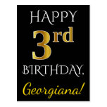 [ Thumbnail: Black, Faux Gold 3rd Birthday + Custom Name Postcard ]