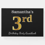 [ Thumbnail: Black, Faux Gold 3rd Birthday Party + Custom Name Guest Book ]