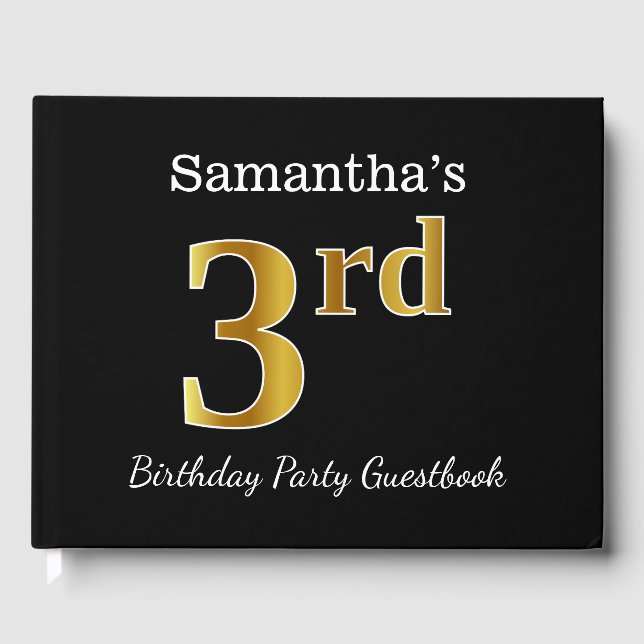 Black, Faux Gold 3rd Birthday Party + Custom Name Guest Book (Front)