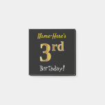 [ Thumbnail: Black, Faux Gold 3rd Birthday, With Custom Name Notes ]