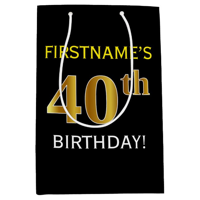 Black, Faux Gold 40th Birthday + Custom Name Medium Gift Bag (Front)