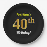 [ Thumbnail: Black, Faux Gold 40th Birthday + Custom Name Paper Plates ]