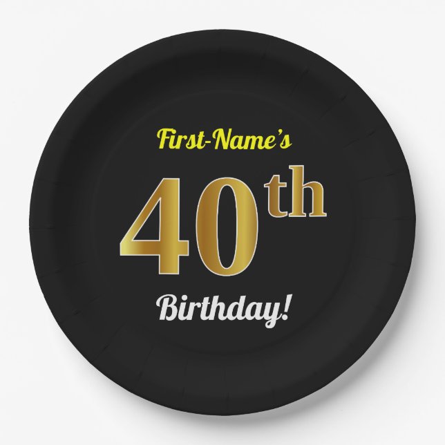 Black, Faux Gold 40th Birthday + Custom Name Paper Plates (Front)