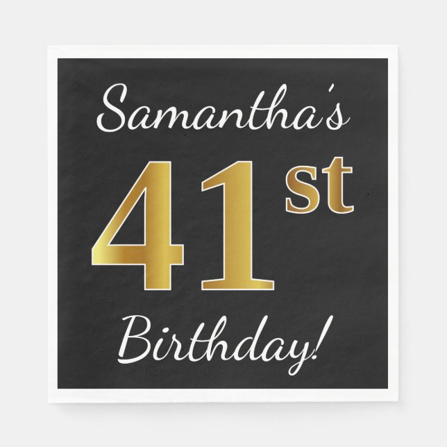Black, Faux Gold 41st Birthday + Custom Name Napkins (Front)