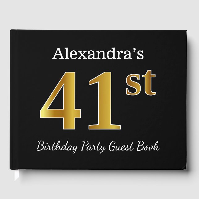 Black, Faux Gold 41st Birthday Party + Custom Name Guest Book (Front)