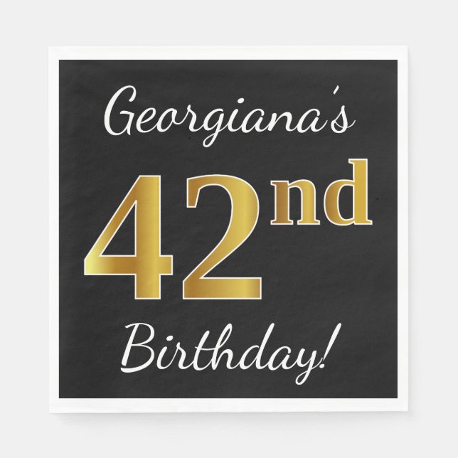 Black, Faux Gold 42nd Birthday + Custom Name Napkins (Front)