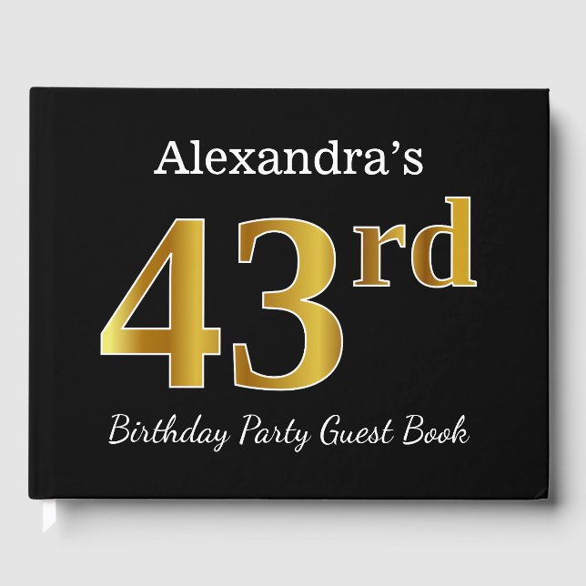 Black, Faux Gold 43rd Birthday Party + Custom Name Guest Book (Front)