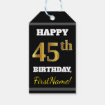 [ Thumbnail: Black, Faux Gold 45th Birthday + Custom Name Gift Tags ]