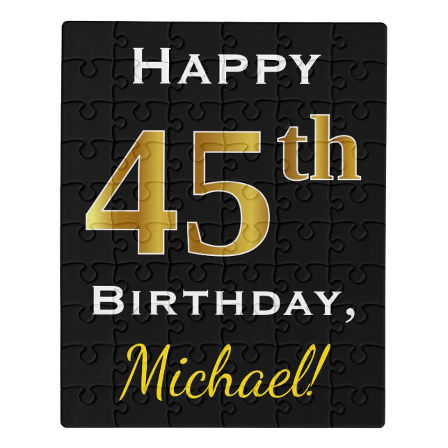 Black, Faux Gold 45th Birthday + Custom Name Jigsaw Puzzle (Puzzle Vertical)