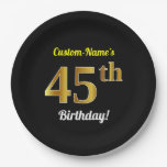 [ Thumbnail: Black, Faux Gold 45th Birthday + Custom Name Paper Plates ]