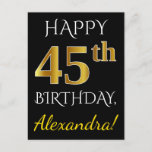 [ Thumbnail: Black, Faux Gold 45th Birthday + Custom Name Postcard ]