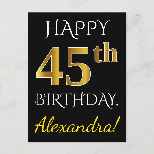 Black, Faux Gold 45th Birthday + Custom Name Postcard (Front)