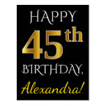 [ Thumbnail: Black, Faux Gold 45th Birthday + Custom Name Postcard ]