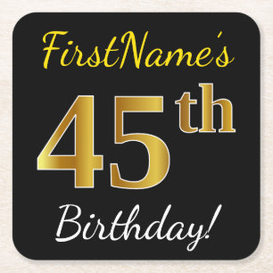 Black, Faux Gold 45th Birthday + Custom Name Square Paper Coaster