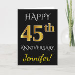 [ Thumbnail: Black, Faux Gold 45th Wedding Anniversary + Name Card ]
