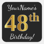 [ Thumbnail: Black, Faux Gold 48th Birthday + Custom Name Sticker ]