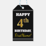 [ Thumbnail: Black, Faux Gold 4th Birthday + Custom Name Gift Tags ]