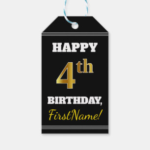 Black, Faux Gold 4th Birthday + Custom Name Gift Tags