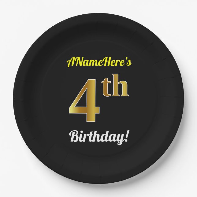 Black, Faux Gold 4th Birthday + Custom Name Paper Plates (Front)