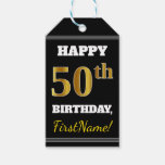 [ Thumbnail: Black, Faux Gold 50th Birthday + Custom Name Gift Tags ]