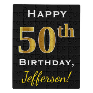 Black, Faux Gold 50th Birthday + Custom Name Jigsaw Puzzle