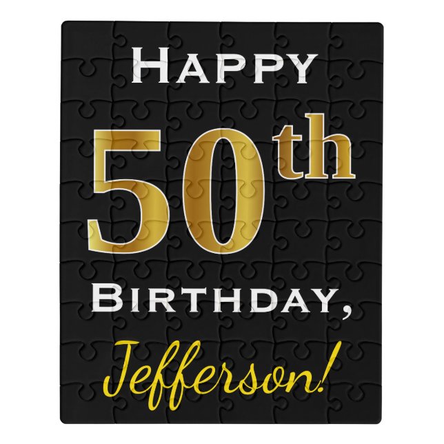 Black, Faux Gold 50th Birthday + Custom Name Jigsaw Puzzle (Puzzle Vertical)