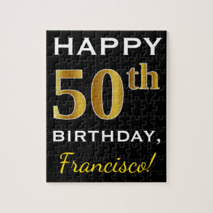 Black, Faux Gold 50th Birthday + Custom Name Jigsaw Puzzle