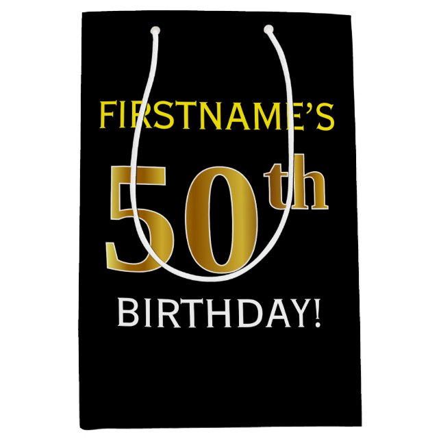 Black, Faux Gold 50th Birthday + Custom Name Medium Gift Bag (Front)